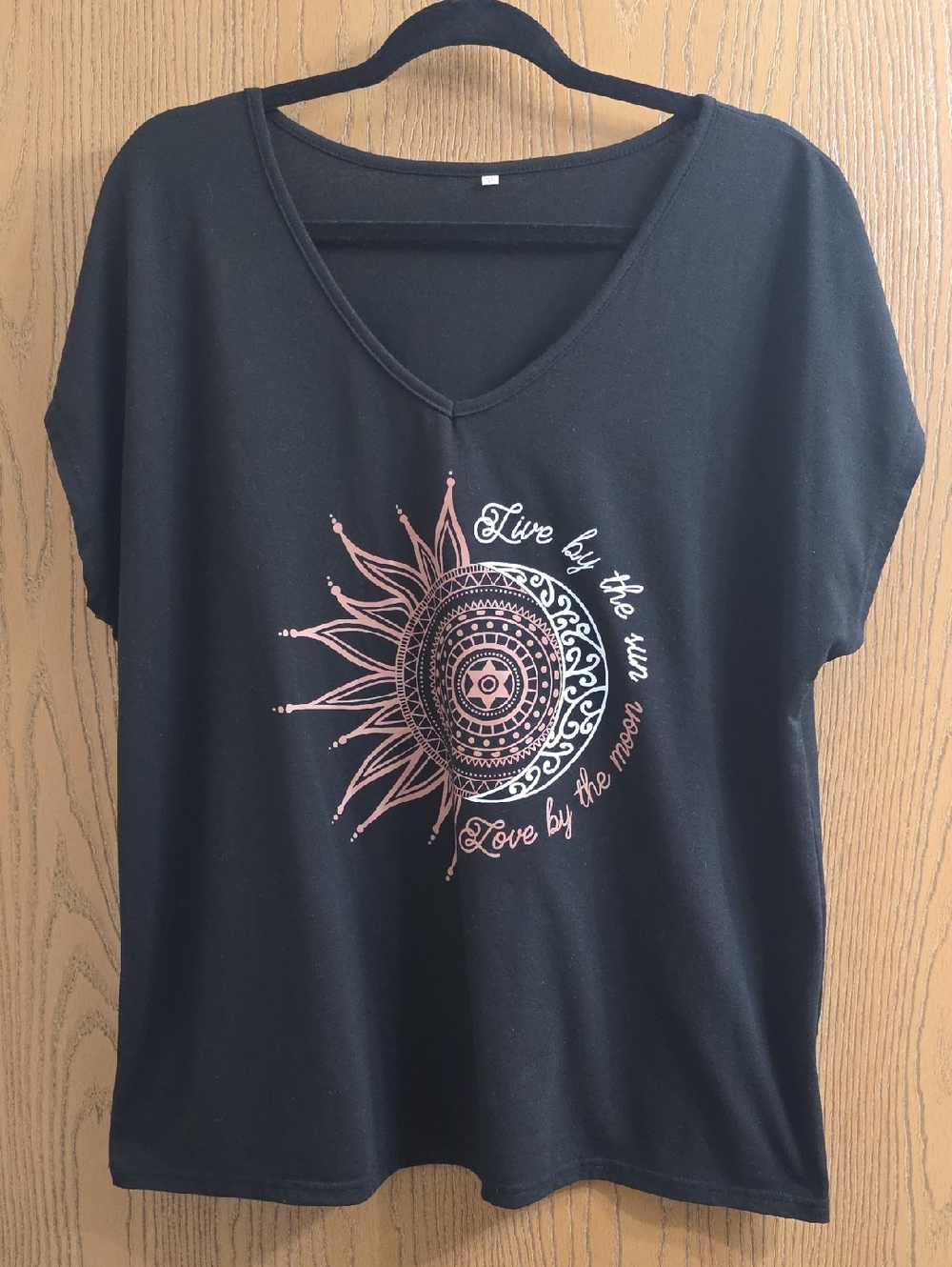 Live by the Sun V-Neck Graphic Tee - Black with Rose Gold Print